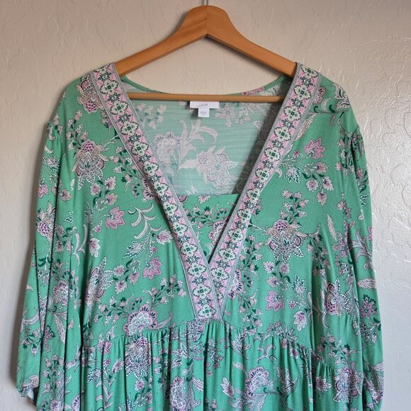 J.Jill Border Printed Flounced Hem Dress Size XL Light Garden Green Peasant Boho - Picture 3 of 12